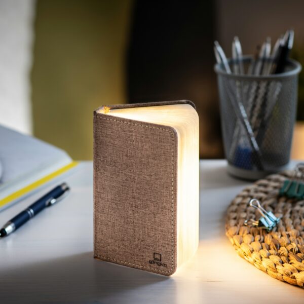 Gingko smart mini book light in coffee part opened standing on edge