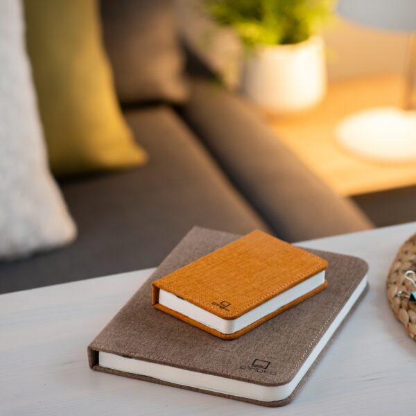 Gingko smart mini book light in orange placed on larger book light