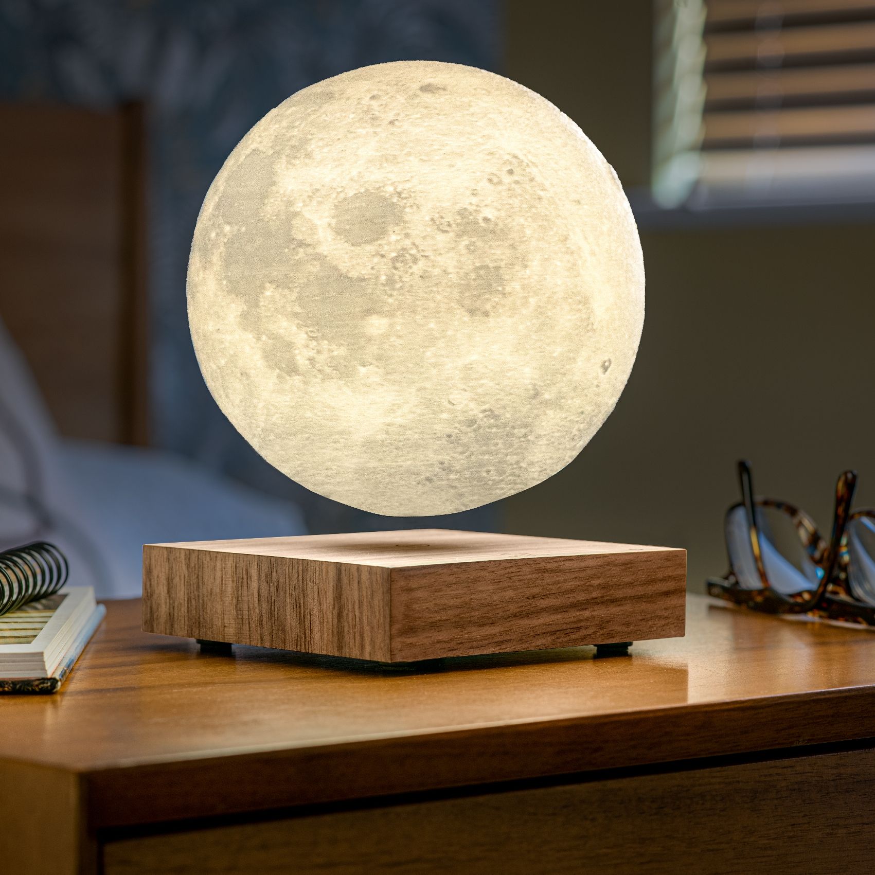 Gingko smart moon lamp walnut on desk soft light