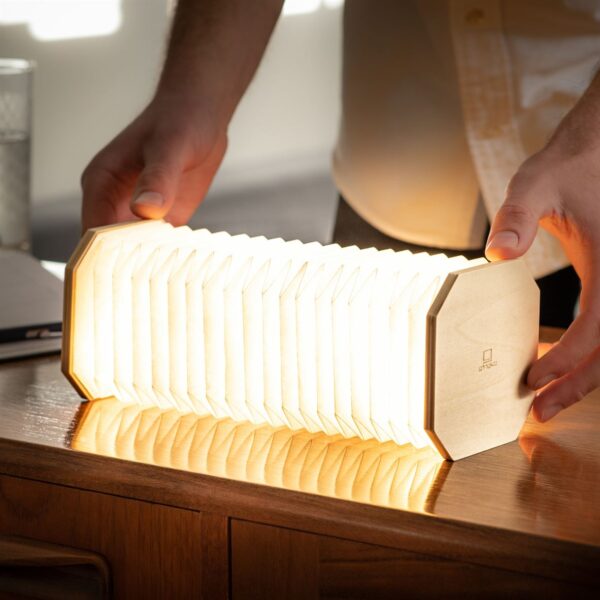Gingko Smart Accordion Lamp open streched in maple