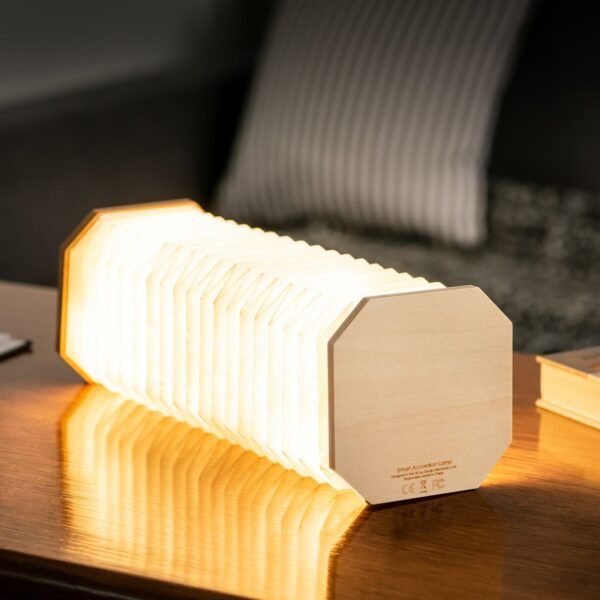 Gingko Smart Accordion Lamp fully open in maple