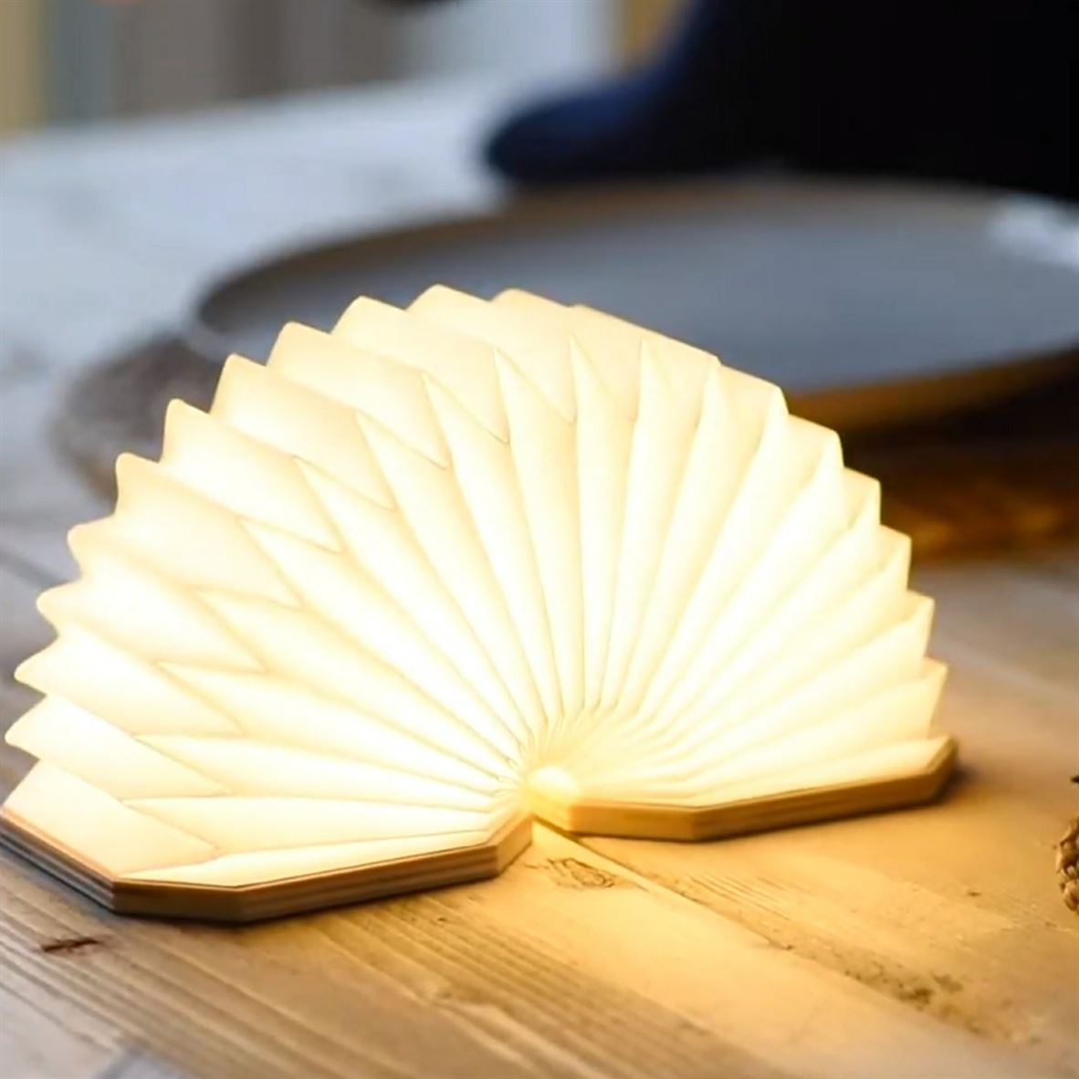 Gingko Smart Accordion Lamp open curved in maple