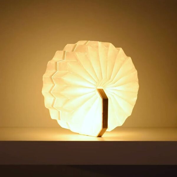 Gingko Smart Accordion Lamp open round on end in maple