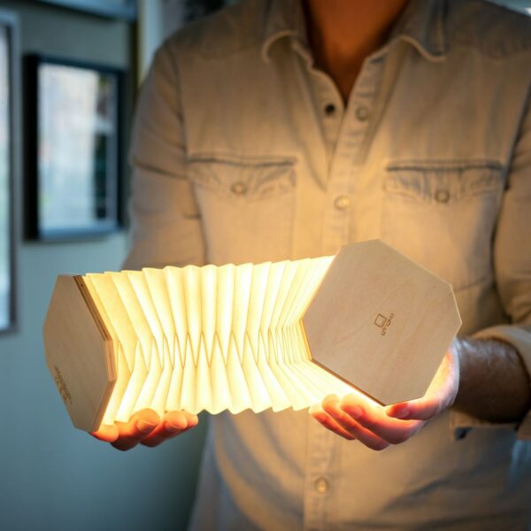 Gingko Smart Accordion Lamp help open showing ends in maple