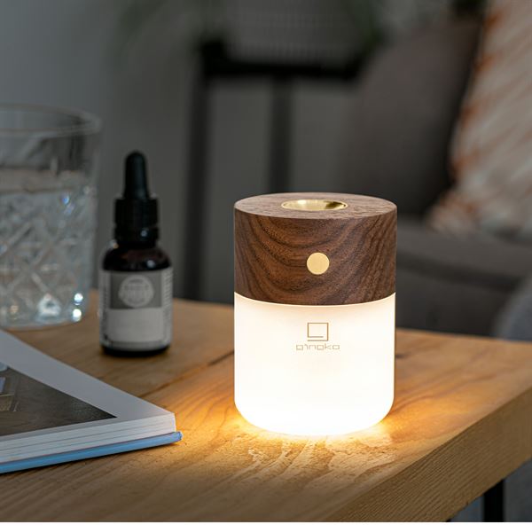 Gingko Smart Diffuser Lamp on table lit