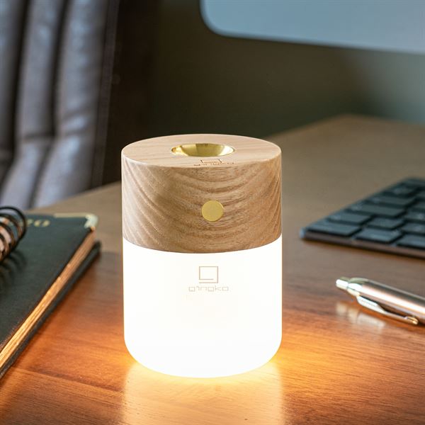 Gingko Smart Diffuser Lamp on desk lit