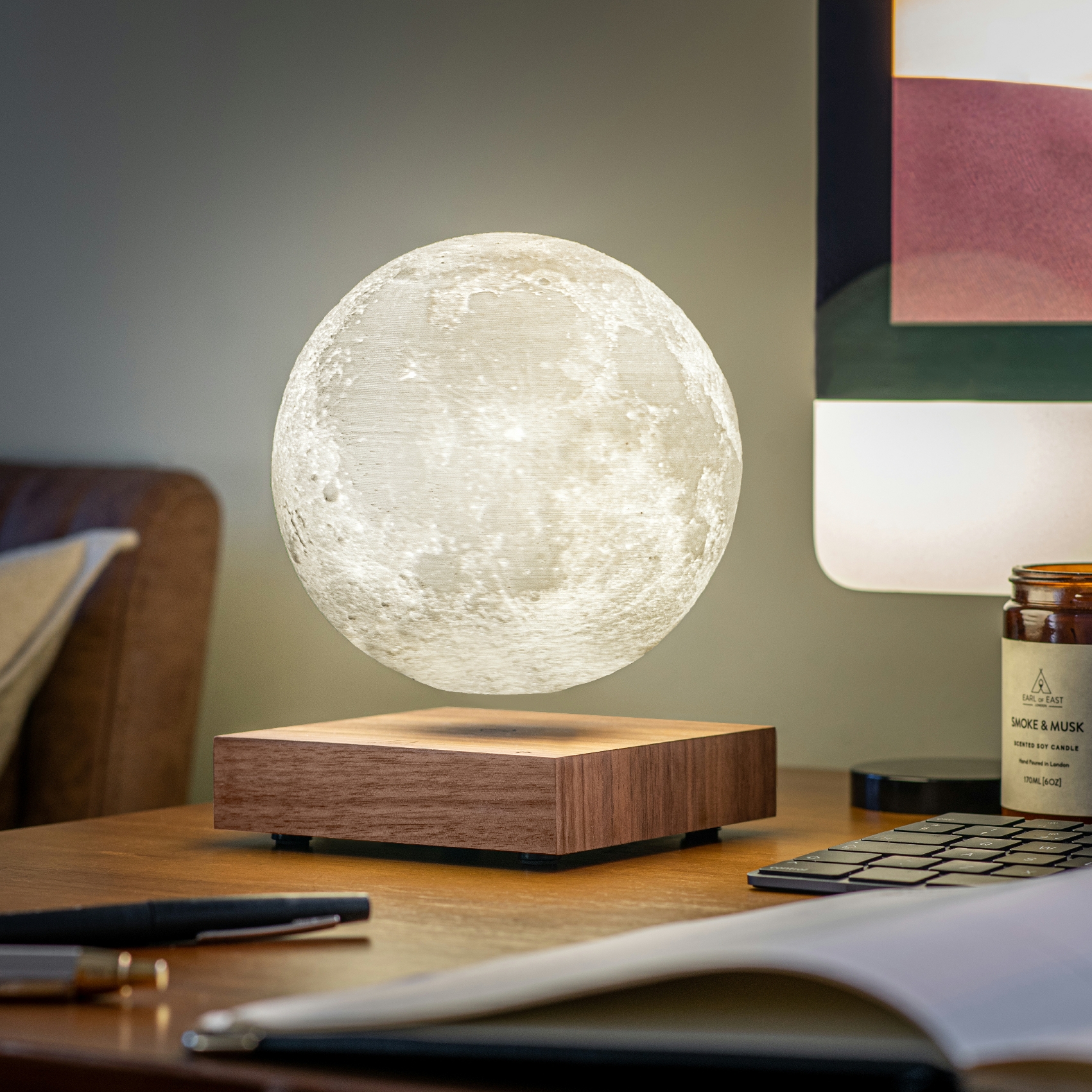 Gingko smart moon lamp walnut on desk white light