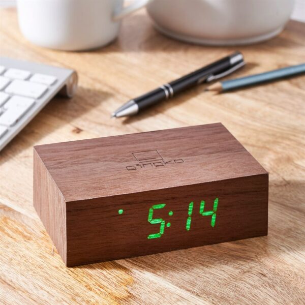 Gingko Flip CLick Clock - Walnut on desk