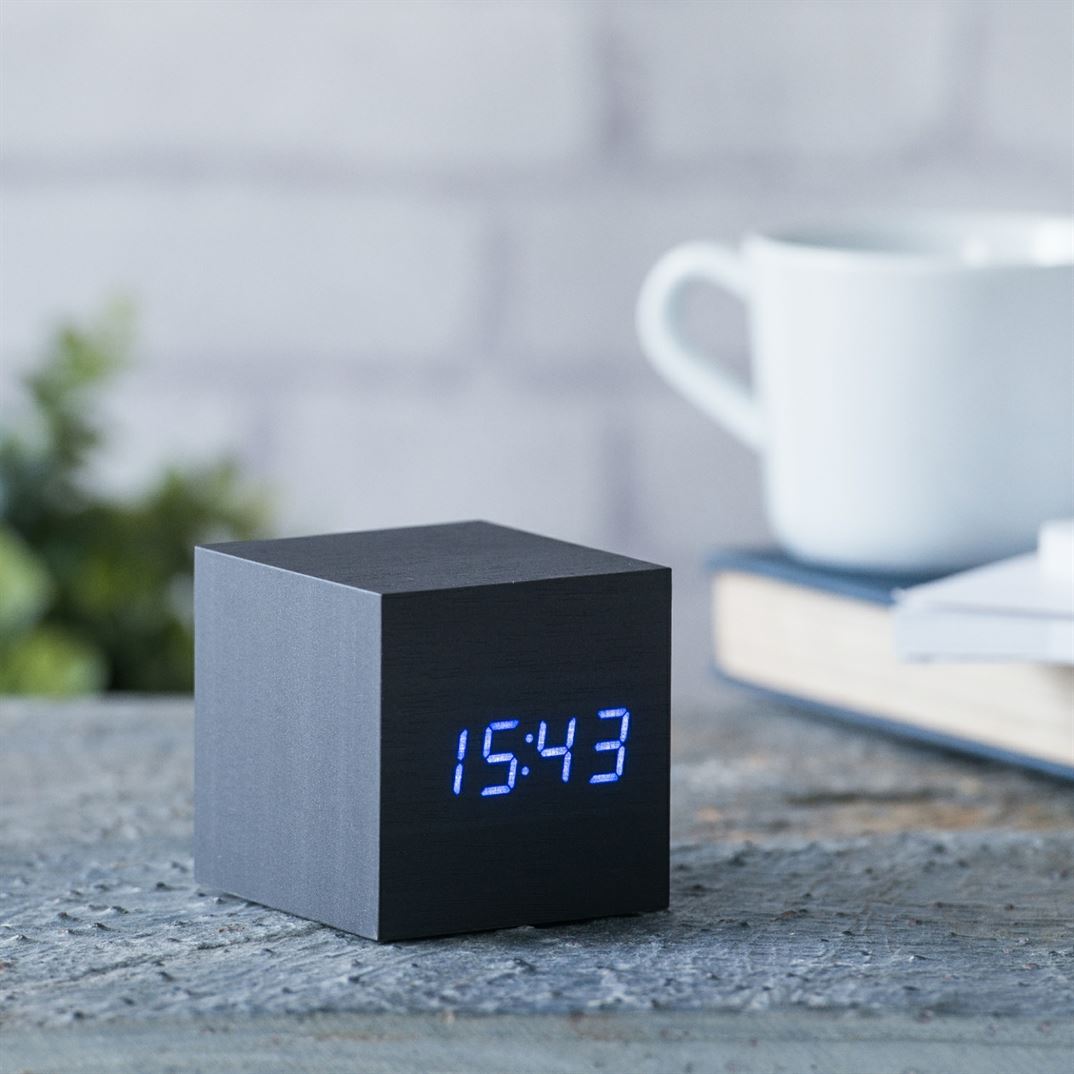 Gingko Cube Click Clock - Black with Blue LED