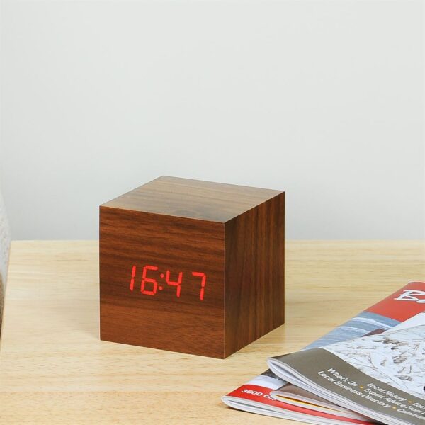 Gingko Cube Click Clock Walnut with Red LED