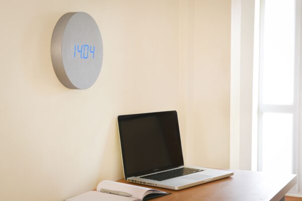 Gingko Wall Click Clock in Aluminium with Blue LED Display