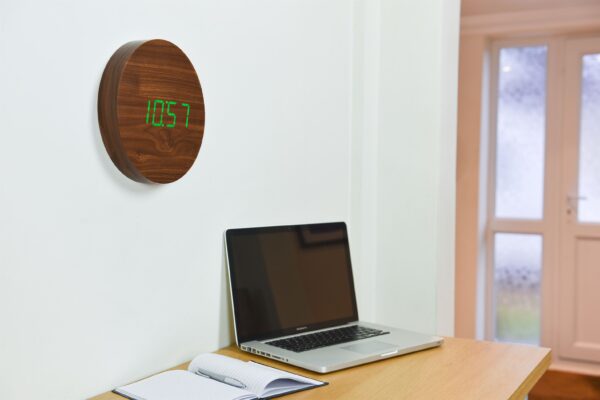Gingko Wall Click Clock in Walnut with Green LED
