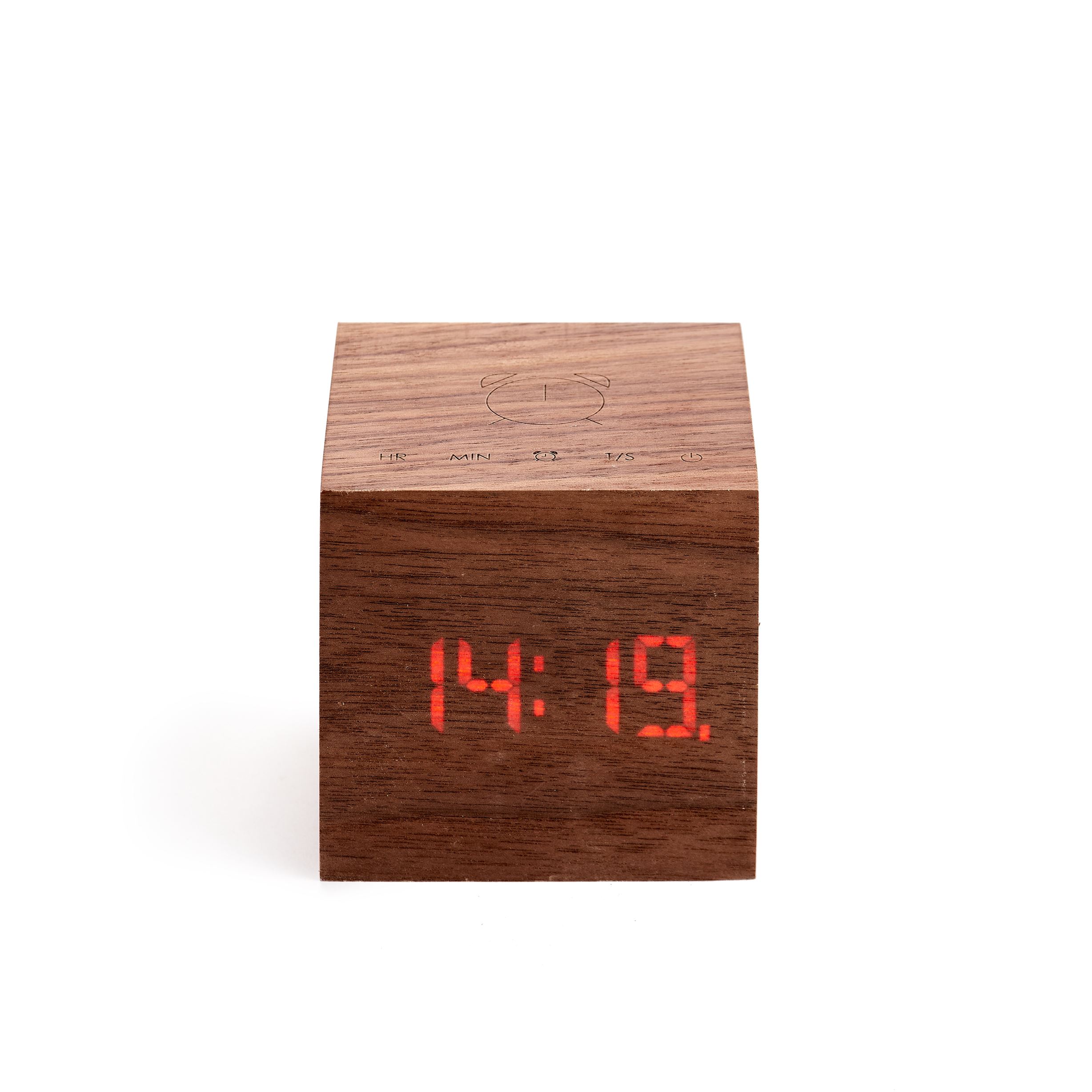 Gingko Cube plus clock in walnut wood floating RED LED Display