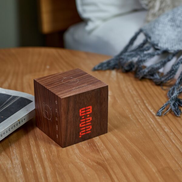 Gingko Cube plus clock in walnut wood bedside vertical display