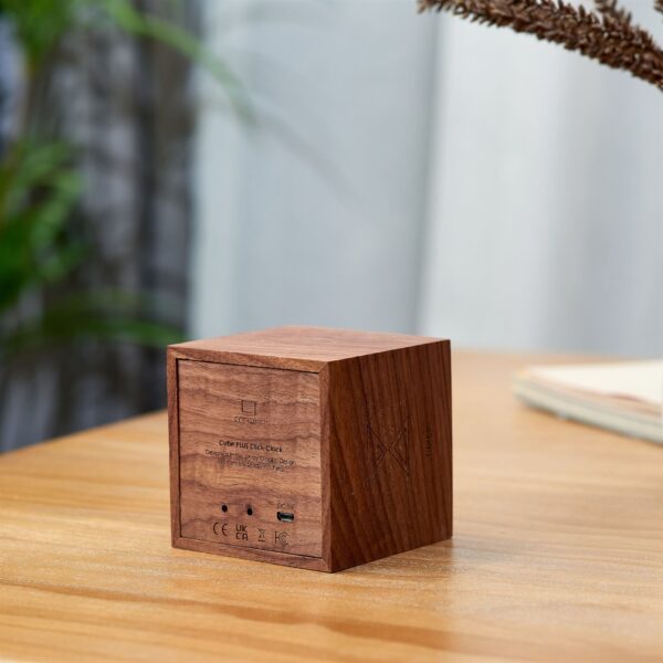 Gingko Cube plus clock in walnut wood rear view
