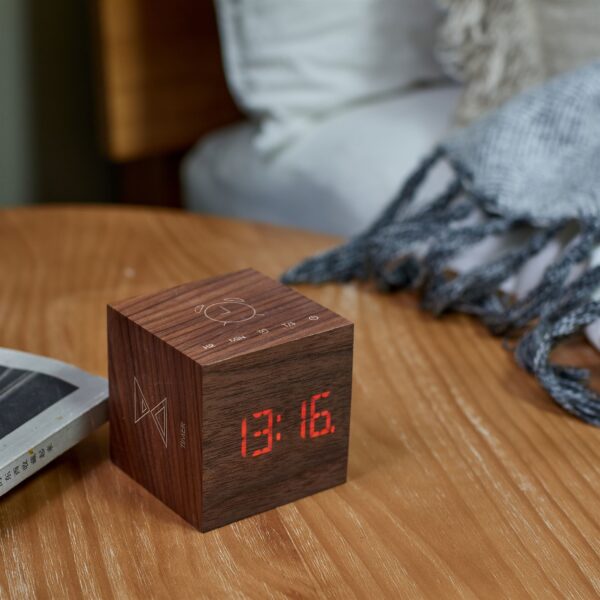 Gingko Cube plus clock in walnut wood bedside