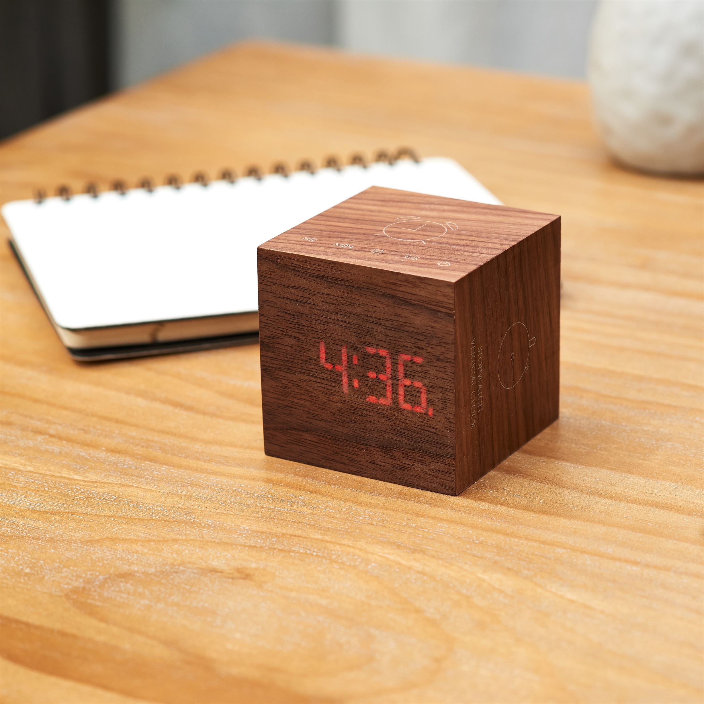 Gingko Cube plus clock in walnut wood desk clock