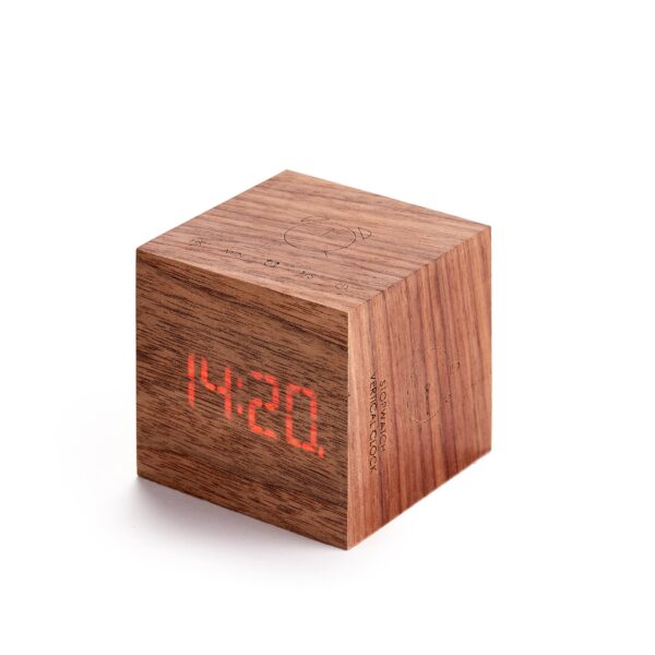 Gingko Cube plus clock in walnut wood with floating LED display