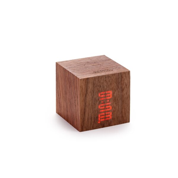 Gingko Cube plus clock in sustainable walnut wood horizontal Display plain background