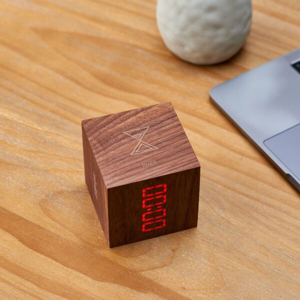 Gingko Cube plus clock in sustainable walnut wood horizontal Display Display