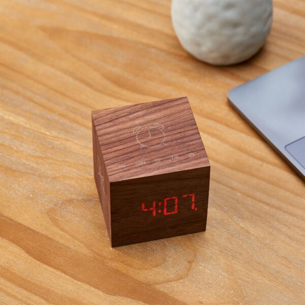 Gingko Cube plus clock in sustainable walnut wood horizontal Display