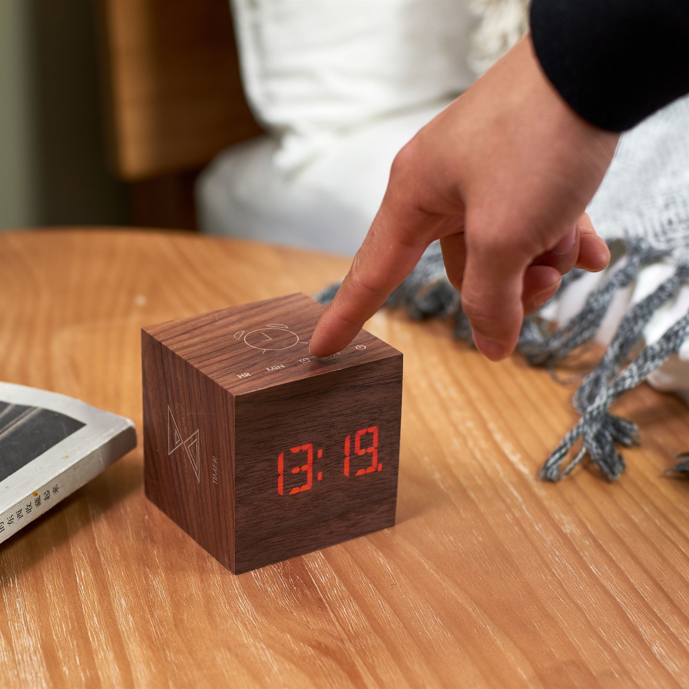 Gingko Cube plus clock in sustainable walnut wood