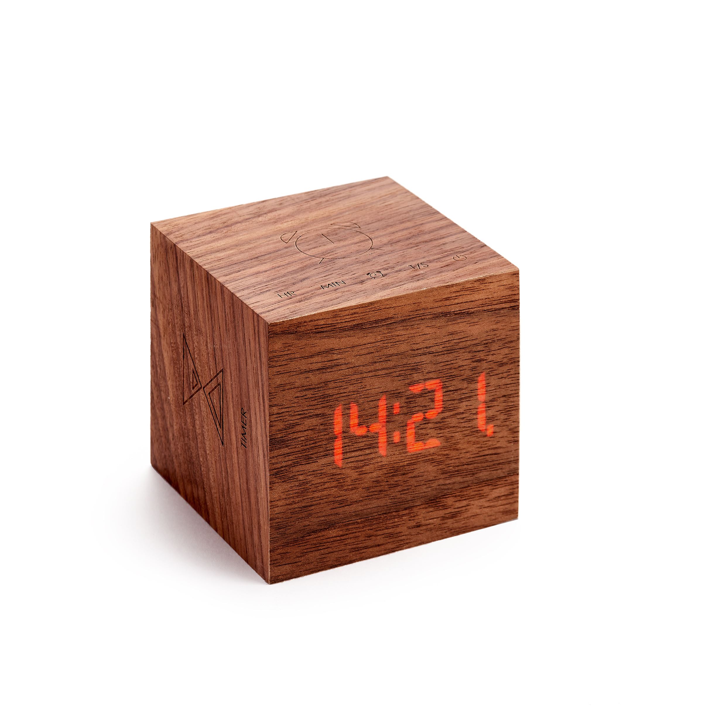 Gingko Cube plus clock in walnut wood plain background