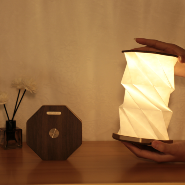 Gingko Hexagon Twist Light Walnut open and closed on a table