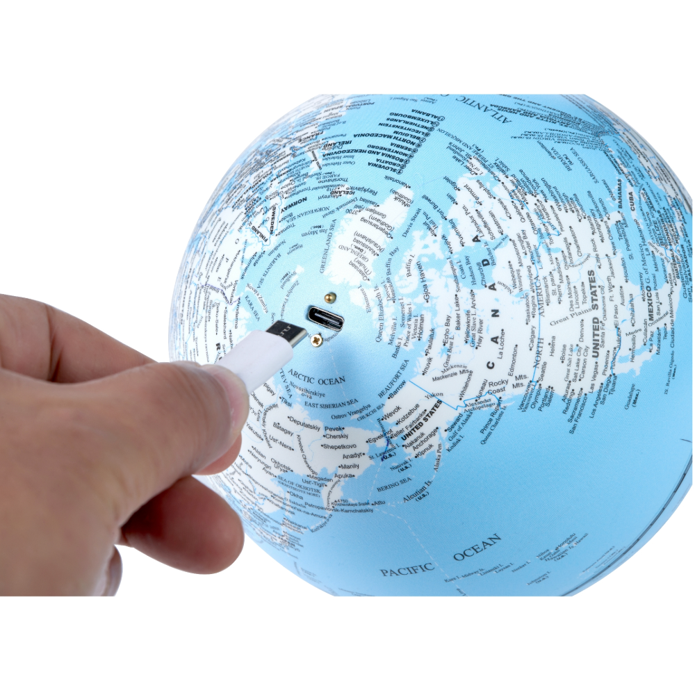 Gingko Mini Light Blue Atlas Globe with White Ash Base showing USB socket