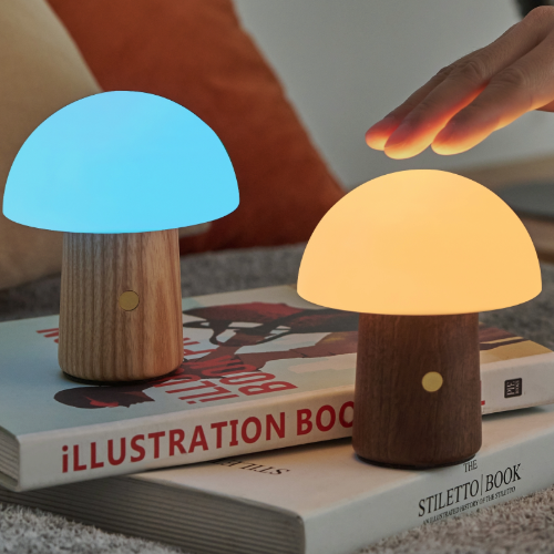 Gingko Design Mini Alice Mushroom Light with White Ash Base showing soft white and blue lights