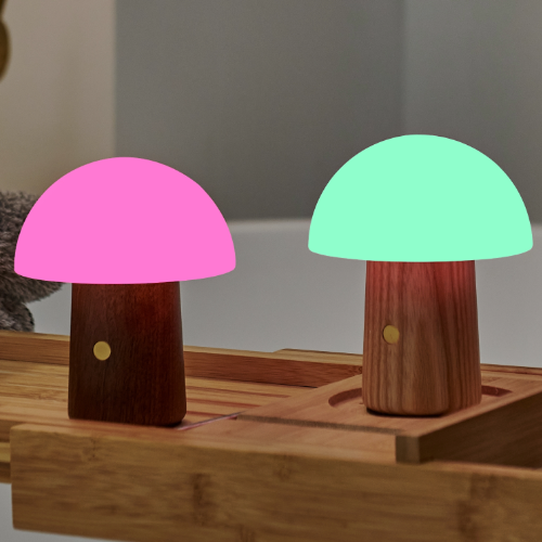 Gingko Design Mini Alice Mushroom Light with White Ash Base showing soft pink and green light