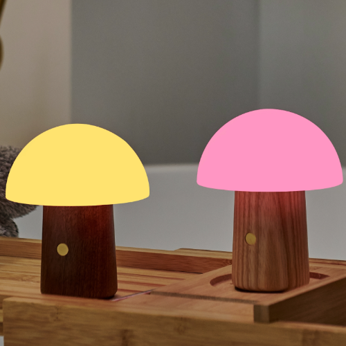 Gingko Design Mini Alice Mushroom Light with White Ash Base showing soft white and pink lights