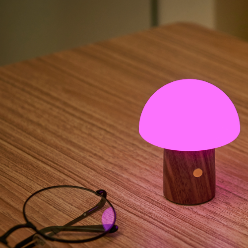 Purple coloured super mini Alice mushroom light in Walnut wood