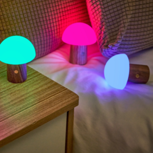 Selection of colourful mushroom lights placed on bedside