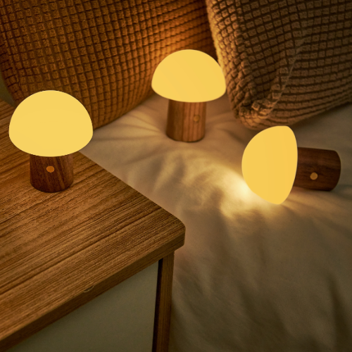 Walnut Mini mushroom lights on the side of a bed