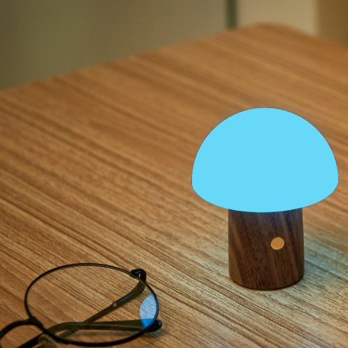 Super mini blue Alice mushroom light with Walnut base